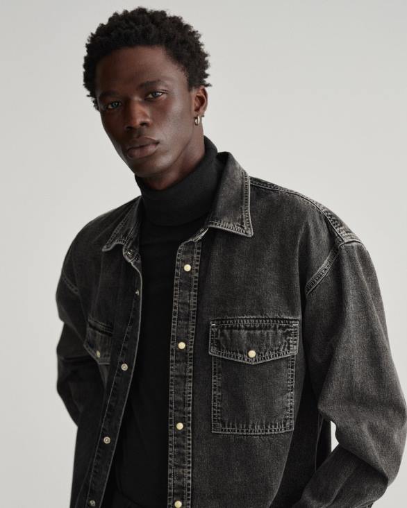 cămașă supradimensionată din denim cu spălare grea 888T23 negru purtat GANT bărbați