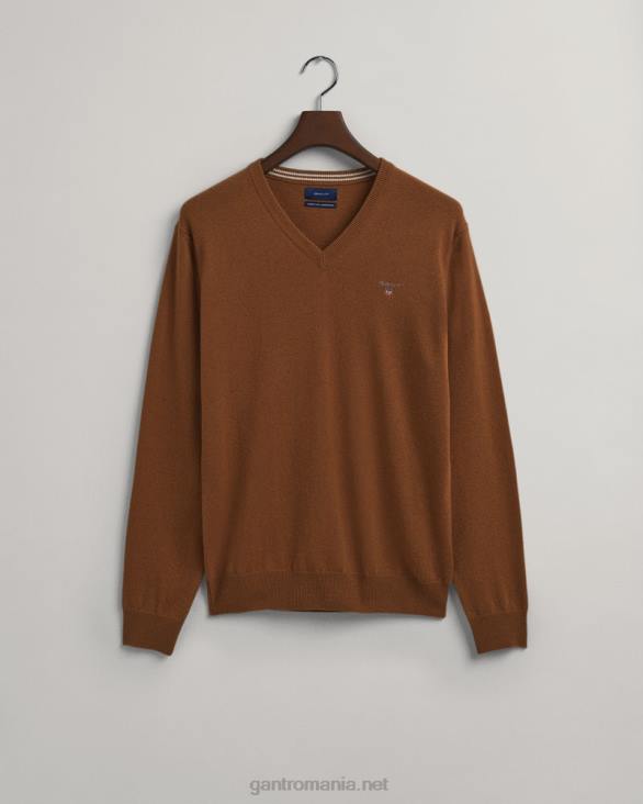 pulover cu decolteu în V din lână de miel super fină 888T306 pământ cald GANT bărbați