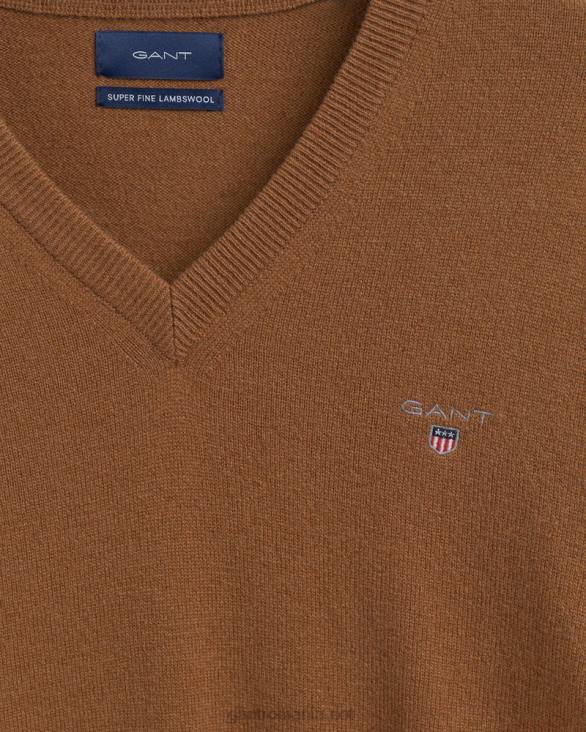 pulover cu decolteu în V din lână de miel super fină 888T306 pământ cald GANT bărbați
