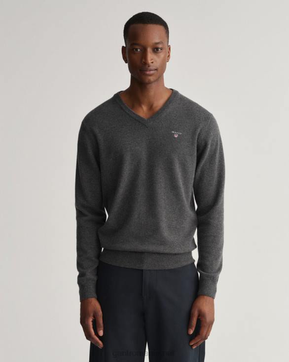 pulover cu decolteu în V din lână de miel super fină 888T307 melange antracit GANT bărbați