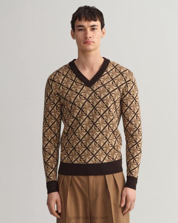 pulover cu decolteu în V monogram merinos 888T363 maro bogat GANT bărbați