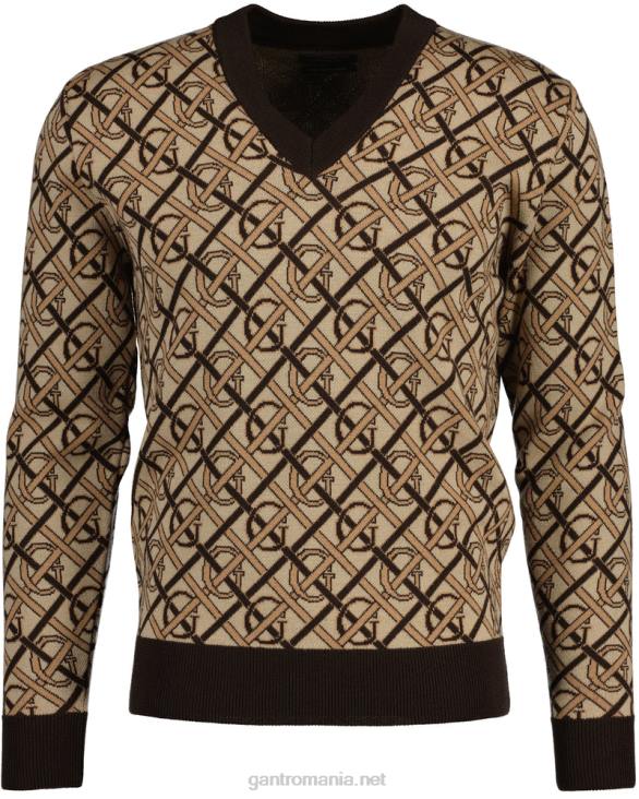 pulover cu decolteu în V monogram merinos 888T363 maro bogat GANT bărbați