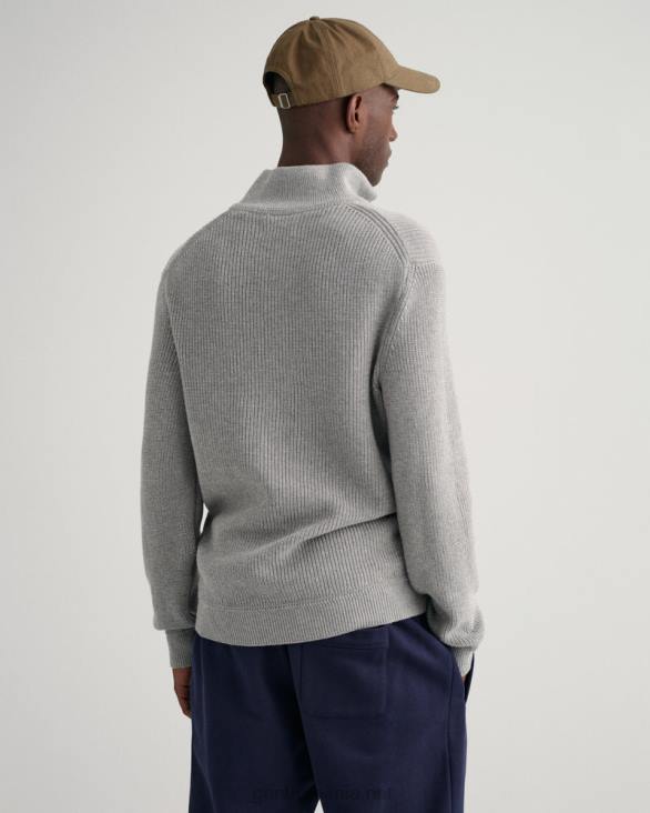 pulover cu jumătate de fermoar cu nervuri din vată 888T310 melange gri GANT bărbați