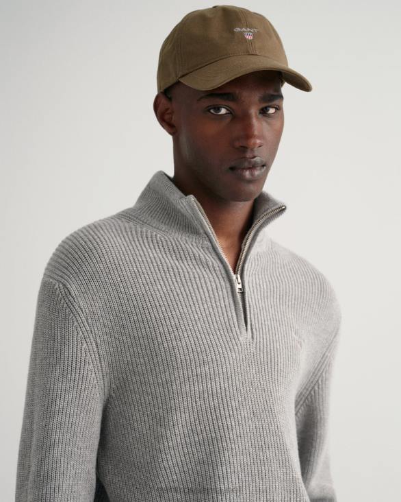 pulover cu jumătate de fermoar cu nervuri din vată 888T310 melange gri GANT bărbați