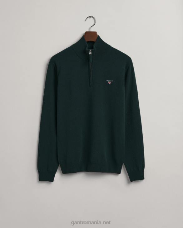 pulover cu jumătate de fermoar din lână de miel super fină 888T332 verde tartan GANT bărbați