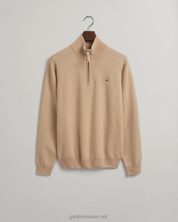 pulover cu jumătate de fermoar din lână de miel super fină 888T334 dk. melange de nisip GANT bărbați