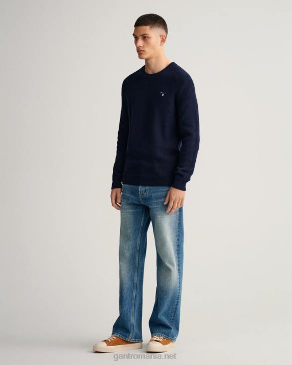 pulover de bumbac cu nervuri cu decolteu ras 888T347 albastru de seară GANT bărbați