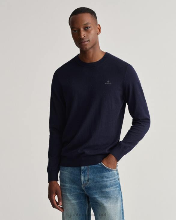 pulover din bumbac cașmir cu decolteu rotund 888T326 albastru de seară GANT bărbați