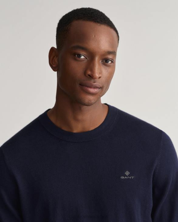 pulover din bumbac cașmir cu decolteu rotund 888T326 albastru de seară GANT bărbați