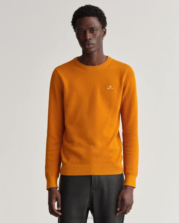 pulover din bumbac piqué cu decolteu rotund 888T305 dk portocală de muştar GANT bărbați