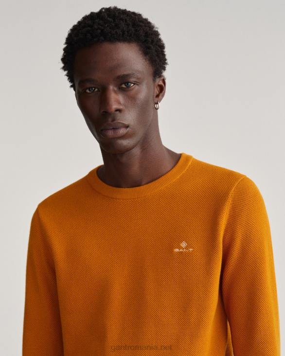 pulover din bumbac piqué cu decolteu rotund 888T305 dk portocală de muştar GANT bărbați