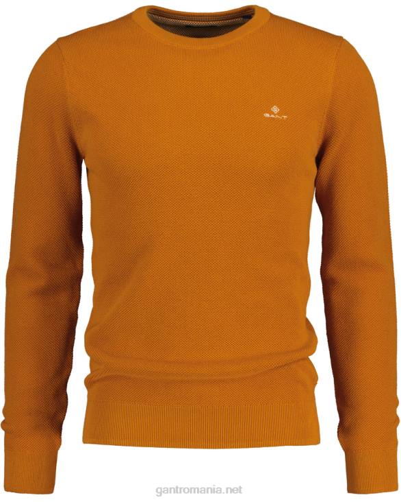 pulover din bumbac piqué cu decolteu rotund 888T305 dk portocală de muştar GANT bărbați