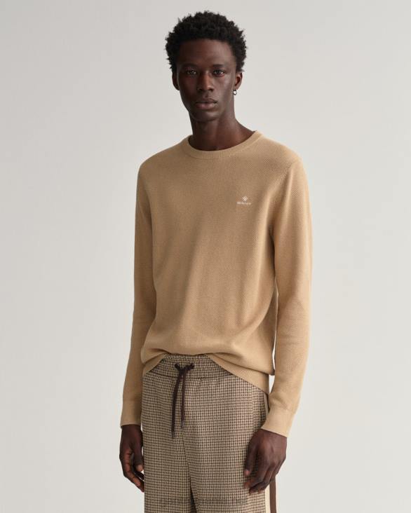 pulover din bumbac piqué cu decolteu rotund 888T328 kaki închis GANT bărbați