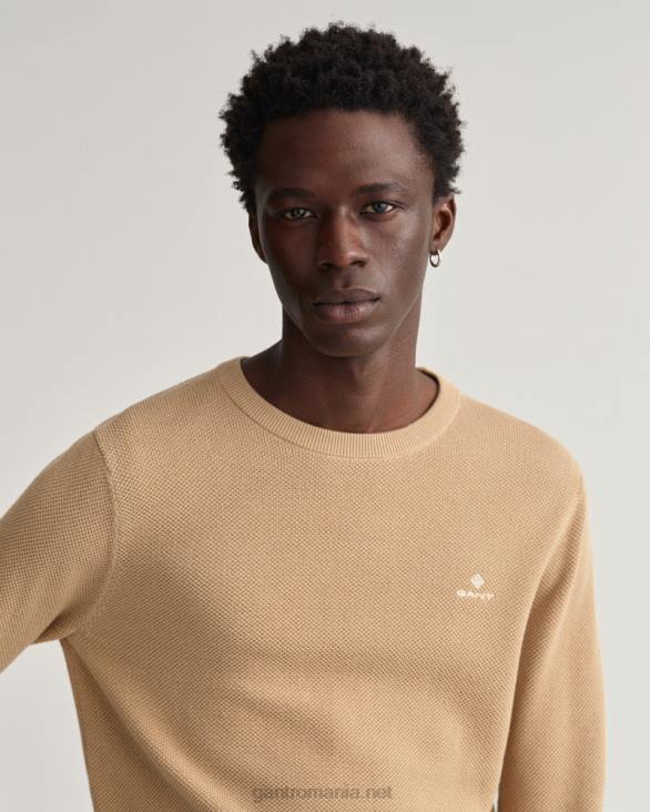 pulover din bumbac piqué cu decolteu rotund 888T328 kaki închis GANT bărbați