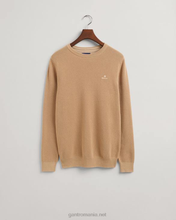 pulover din bumbac piqué cu decolteu rotund 888T328 kaki închis GANT bărbați