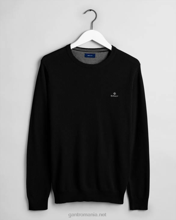 pulover din bumbac piqué cu decolteu rotund 888T331 negru GANT bărbați