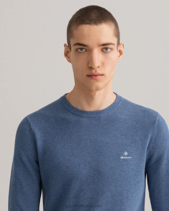 pulover din bumbac piqué cu decolteu rotund 888T345 denim blue mel GANT bărbați