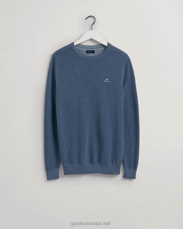 pulover din bumbac piqué cu decolteu rotund 888T345 denim blue mel GANT bărbați