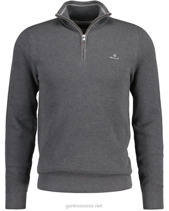 pulover din bumbac piqué cu jumătate de fermoar 888T348 melange gri închis GANT bărbați