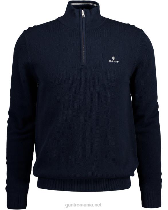 pulover din bumbac piqué cu jumătate de fermoar 888T352 albastru de seară GANT bărbați