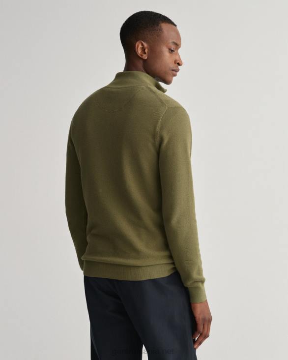 pulover din bumbac piqué cu jumătate de fermoar 888T354 verde de vânător GANT bărbați