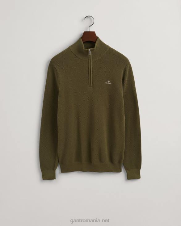 pulover din bumbac piqué cu jumătate de fermoar 888T354 verde de vânător GANT bărbați