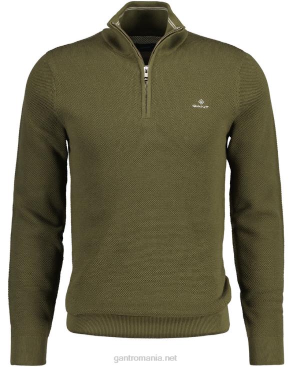 pulover din bumbac piqué cu jumătate de fermoar 888T354 verde de vânător GANT bărbați