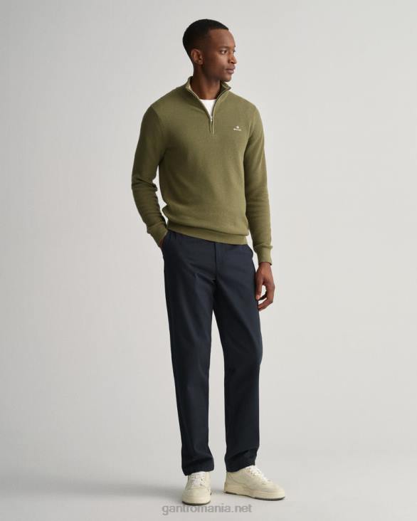 pulover din bumbac piqué cu jumătate de fermoar 888T354 verde de vânător GANT bărbați