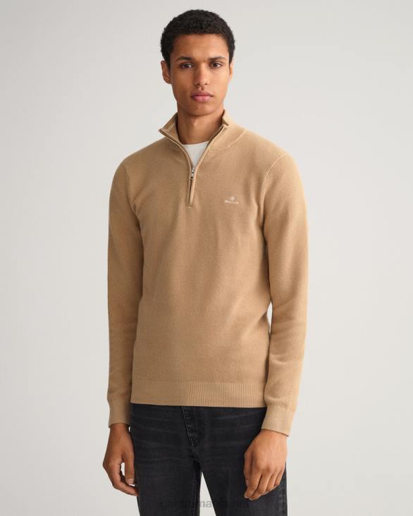 pulover din bumbac piqué cu jumătate de fermoar 888T358 kaki închis GANT bărbați