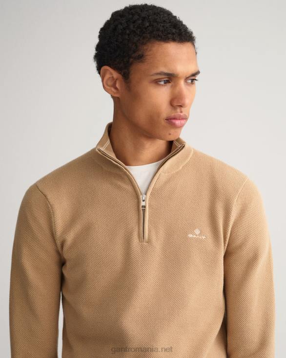 pulover din bumbac piqué cu jumătate de fermoar 888T358 kaki închis GANT bărbați