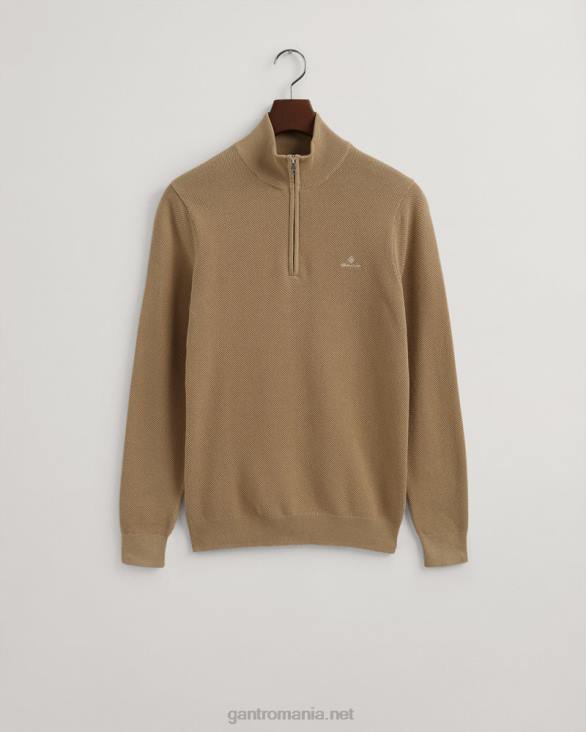 pulover din bumbac piqué cu jumătate de fermoar 888T358 kaki închis GANT bărbați