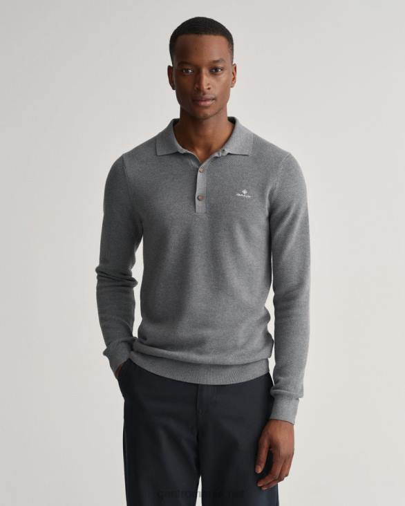 pulover polo din bumbac piqué 888T359 melange gri închis GANT bărbați