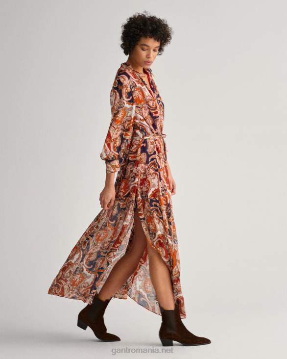 rochie maxi cu volan paisley 888T644 portocala aurie GANT femei
