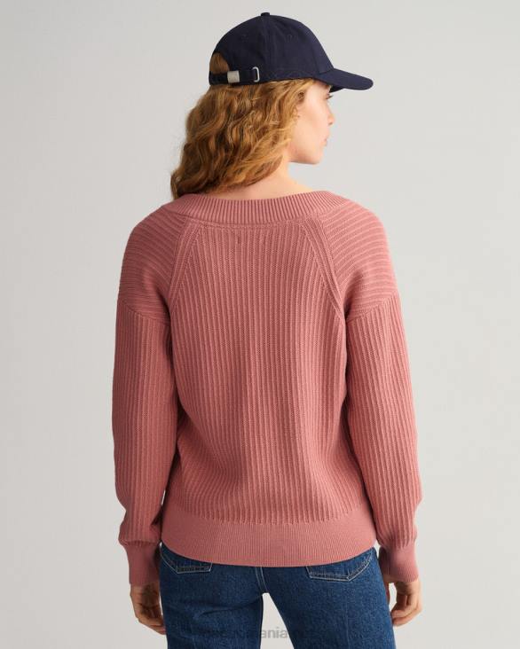 pulover cu decolteu în V cu nervuri din bumbac 888T679 roz teracota GANT femei