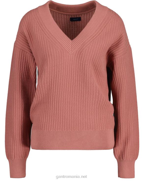 pulover cu decolteu în V cu nervuri din bumbac 888T679 roz teracota GANT femei