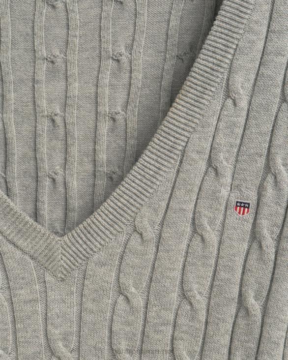 pulover cu decolteu în V din bumbac elastic 888T664 melange gri deschis GANT femei