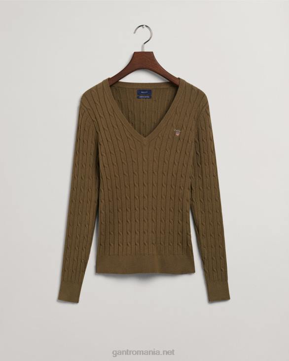 pulover cu decolteu în V din bumbac elastic 888T683 verde de vânător GANT femei