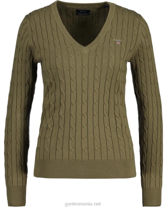 pulover cu decolteu în V din bumbac elastic 888T683 verde de vânător GANT femei