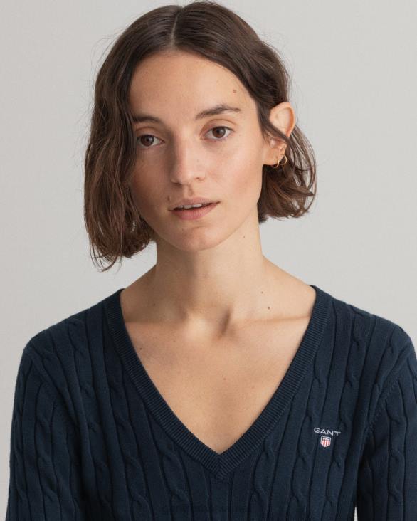 pulover cu decolteu în V din bumbac elastic 888T691 albastru de seară GANT femei