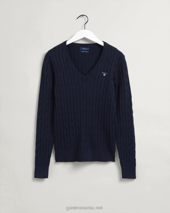 pulover cu decolteu în V din bumbac elastic 888T691 albastru de seară GANT femei