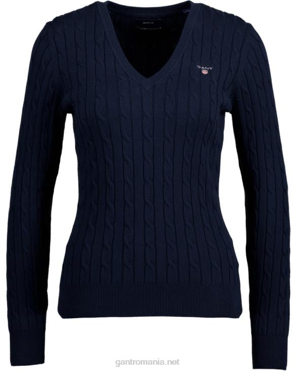 pulover cu decolteu în V din bumbac elastic 888T691 albastru de seară GANT femei