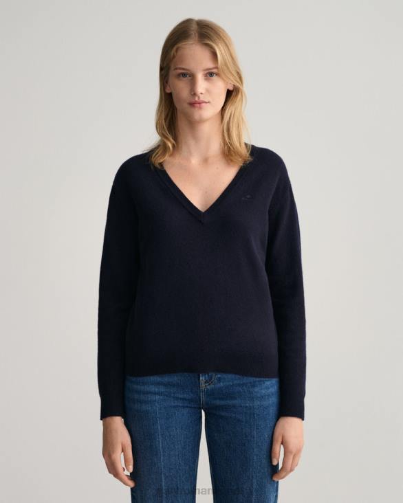 pulover cu decolteu în V din lână de miel super fină 888T695 albastru de seară GANT femei
