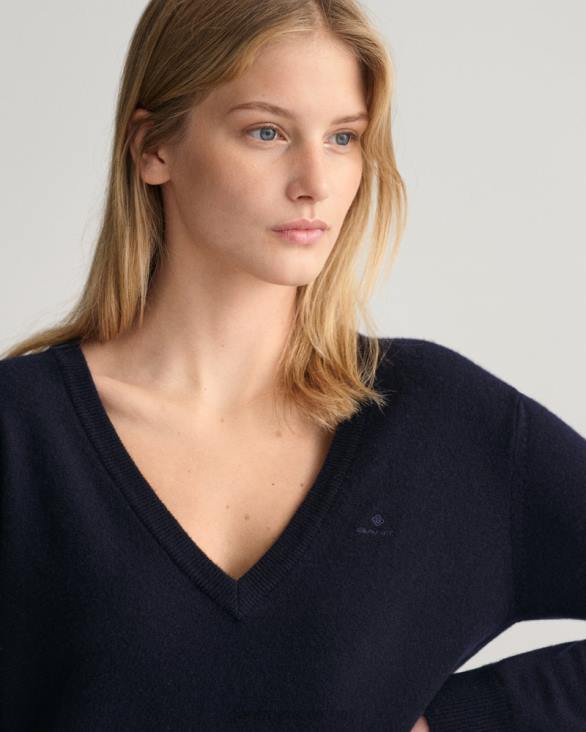 pulover cu decolteu în V din lână de miel super fină 888T695 albastru de seară GANT femei