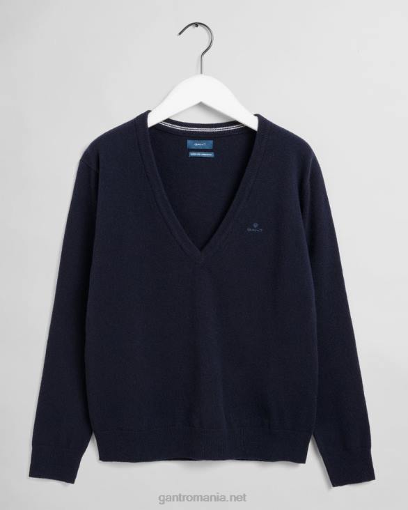 pulover cu decolteu în V din lână de miel super fină 888T695 albastru de seară GANT femei