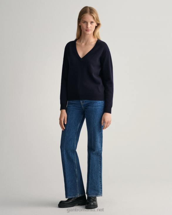 pulover cu decolteu în V din lână de miel super fină 888T695 albastru de seară GANT femei