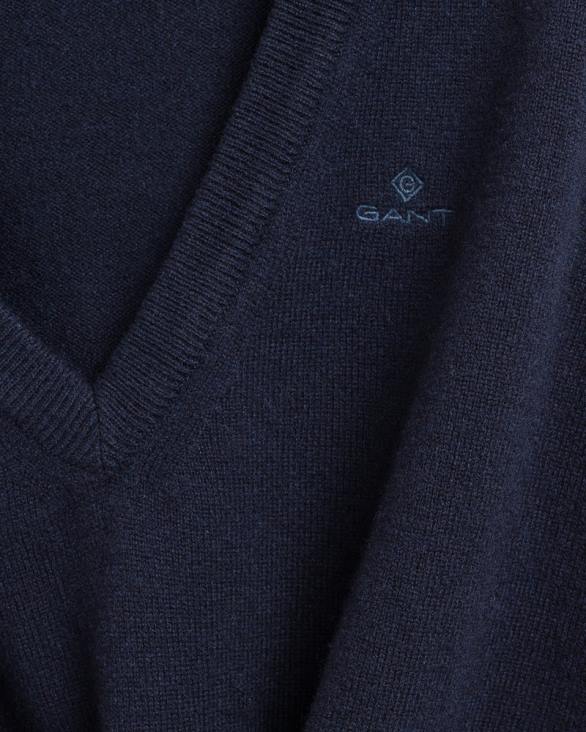 pulover cu decolteu în V din lână de miel super fină 888T695 albastru de seară GANT femei