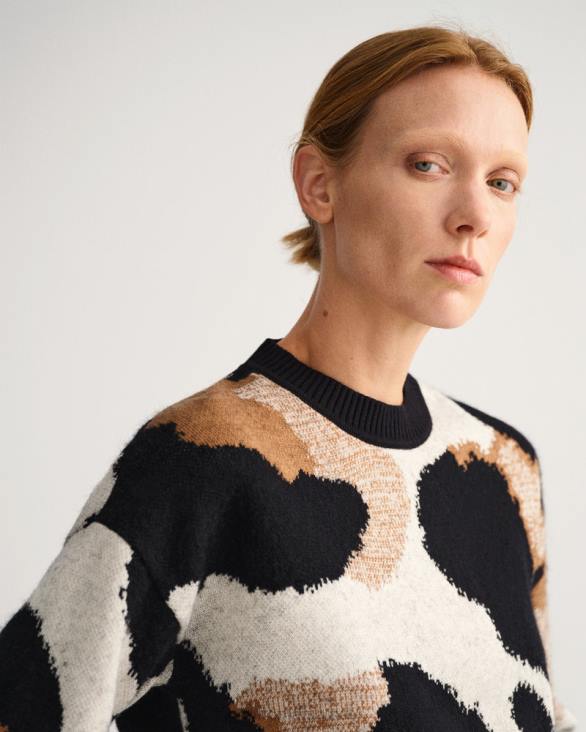 pulover cu intarsia leopard cu decolteu rotund 888T670 negru GANT femei