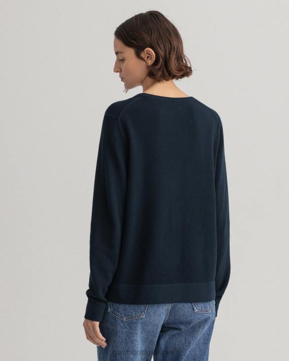 pulover din bumbac piqué cu decolteu rotund 888T698 albastru de seară GANT femei