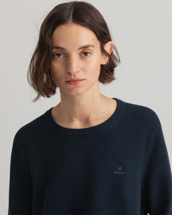 pulover din bumbac piqué cu decolteu rotund 888T698 albastru de seară GANT femei