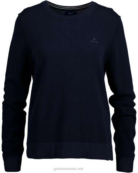pulover din bumbac piqué cu decolteu rotund 888T698 albastru de seară GANT femei